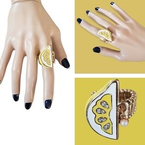 Y2K Lemon Slice Rhinestone and Faux Pearl Adjustable Band Ring NWT